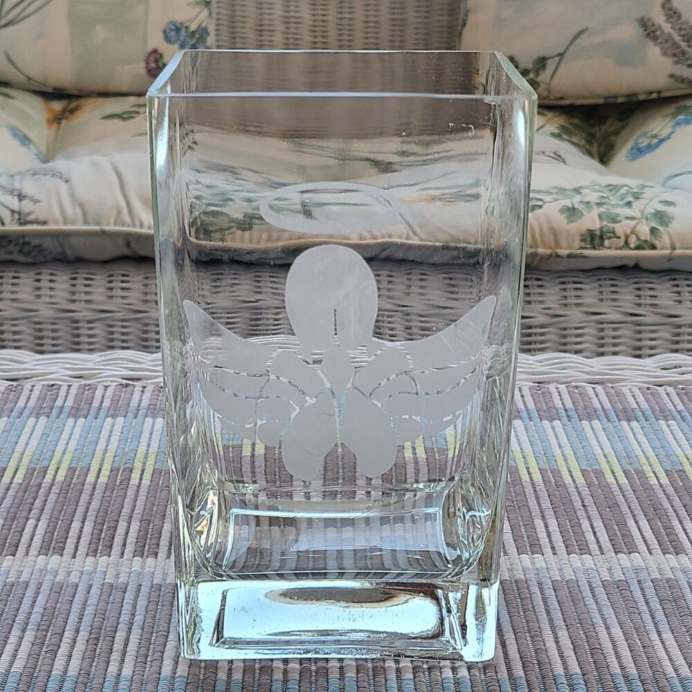 Vintage Etched Flower Vase Angel Wings And Halo Etching Heavy Rectangular Sides